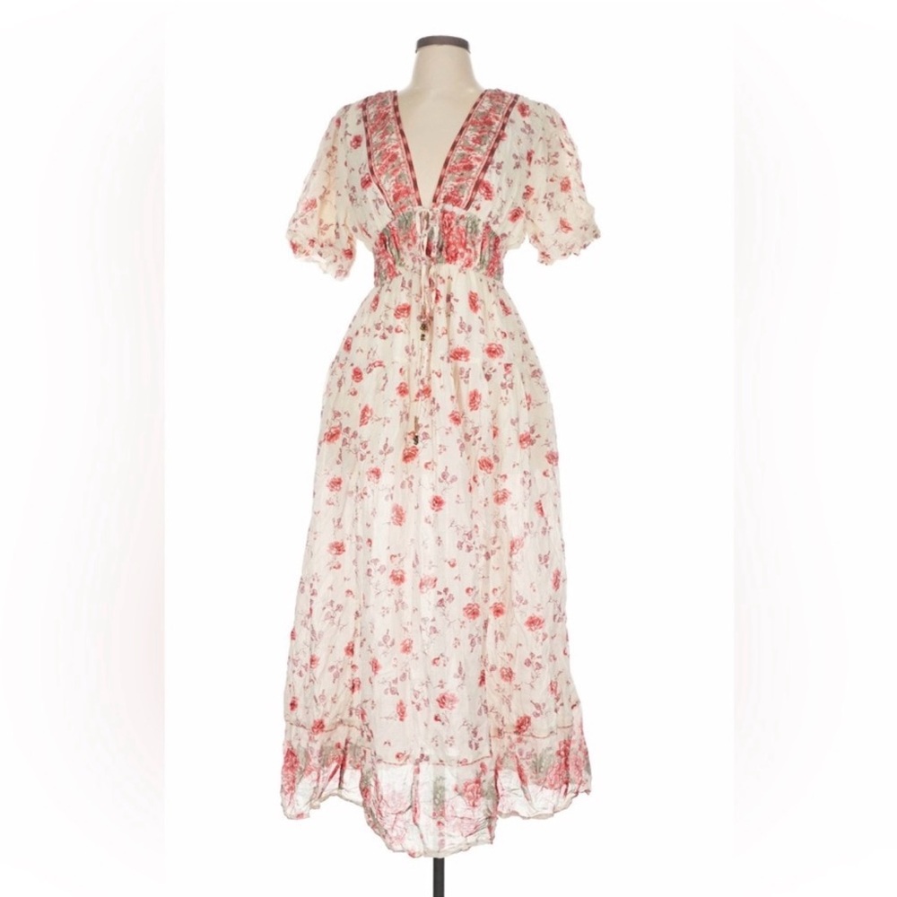 Free People Lysette Maxi Dress Floral Cotton Boho with Bell Tassel Ties Spring - Picture 8 of 8